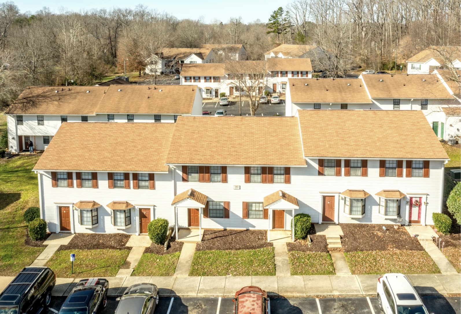 an aerial view of a row of houses